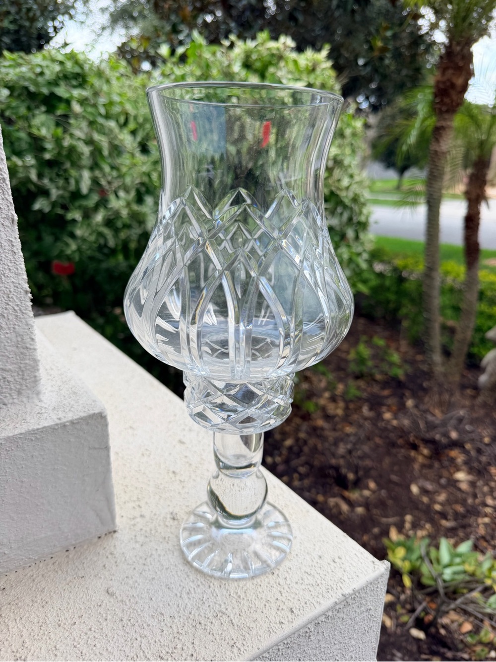 Vintage Cut Crystal Hurricane Vase Candle Holder Clear Heavy Glass 12”